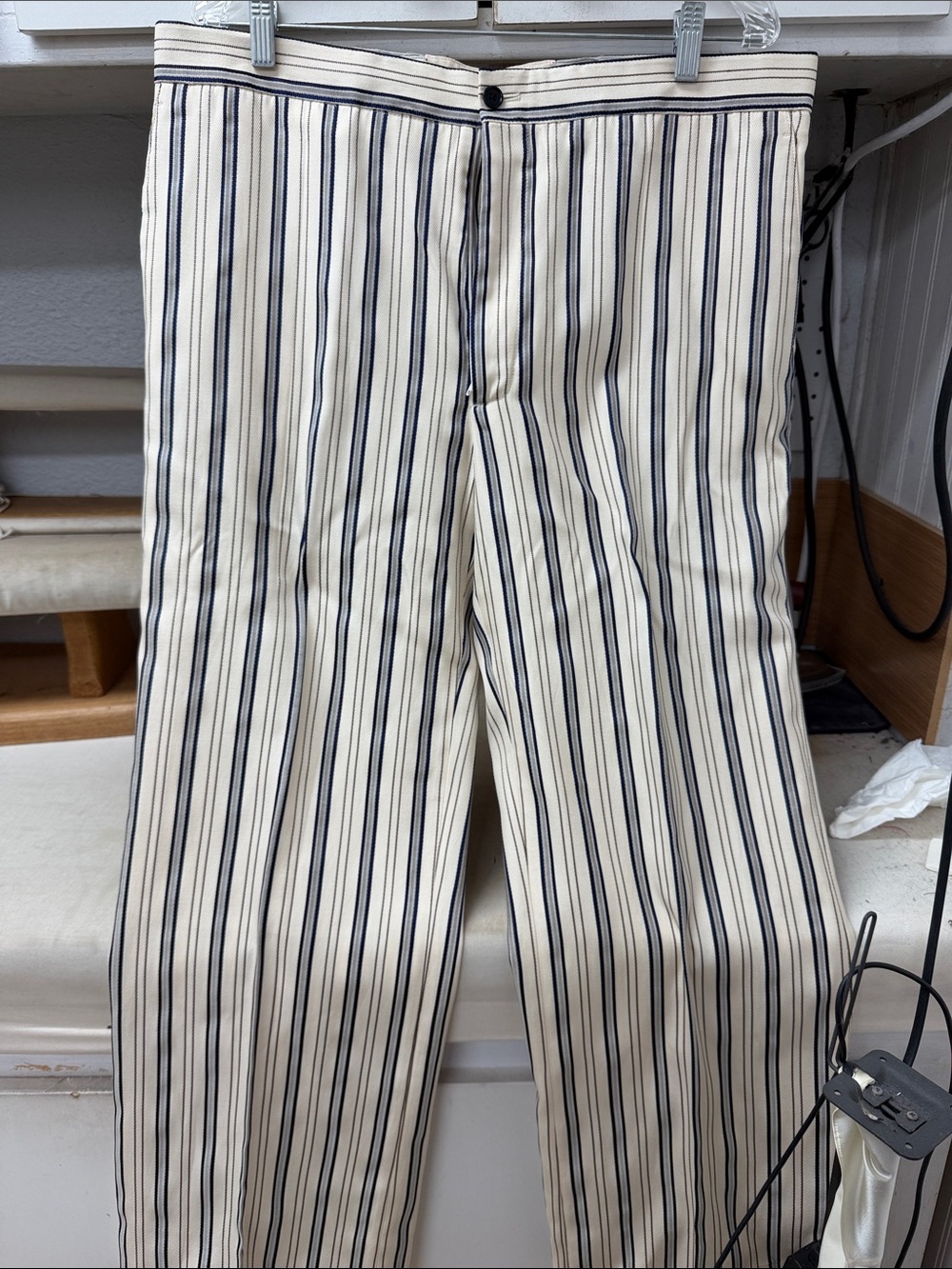 Salvatore Ferragamo Men's Cream and Navy Stripe Pants